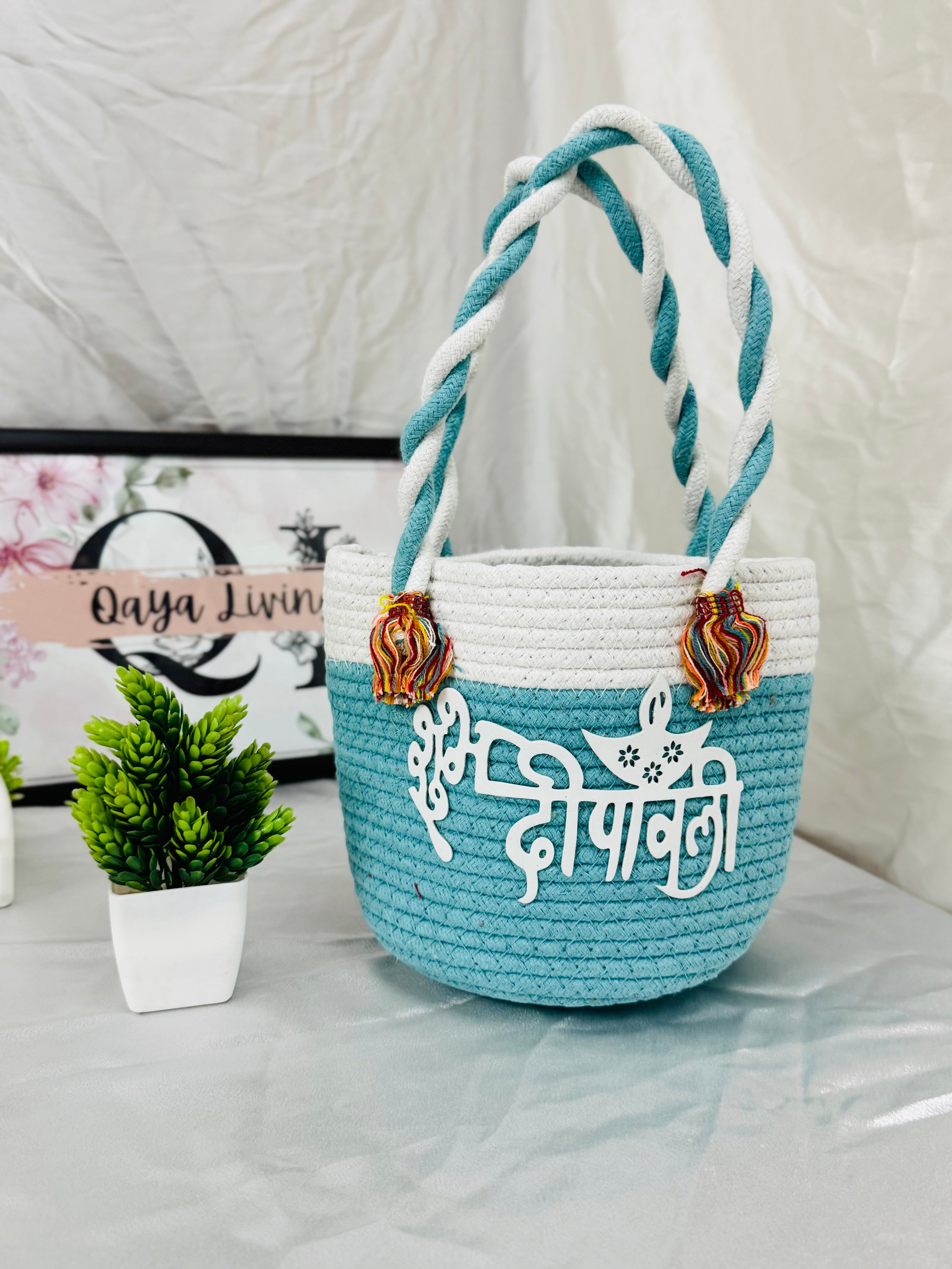 शुभ दीपावली Basket - Aqua Blue