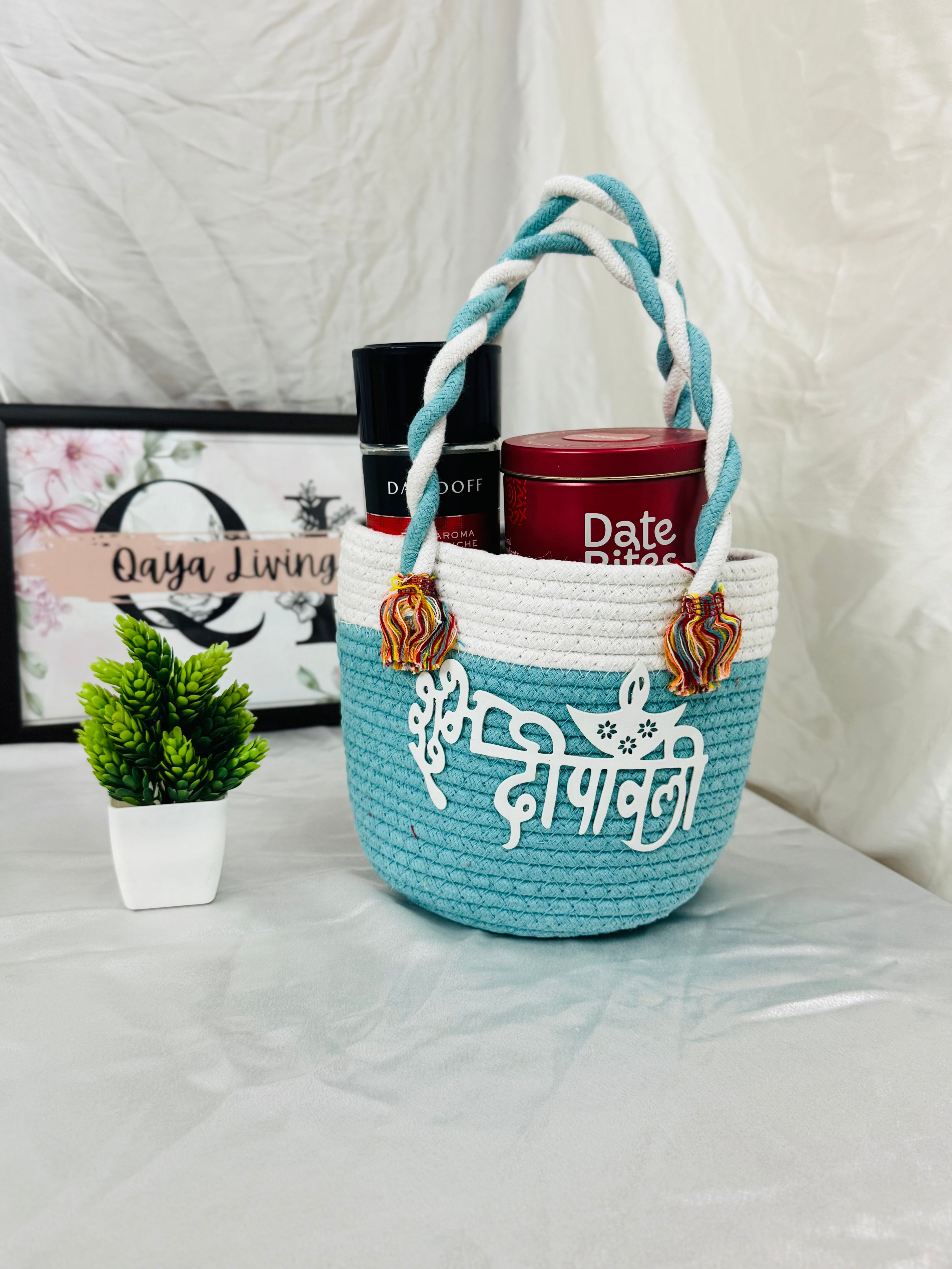 शुभ दीपावली Basket - Aqua Blue