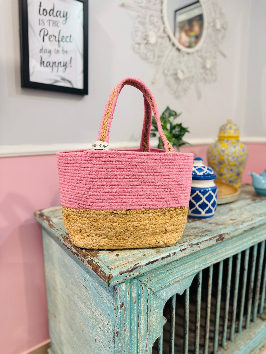 Pink-Jute Hamper Basket