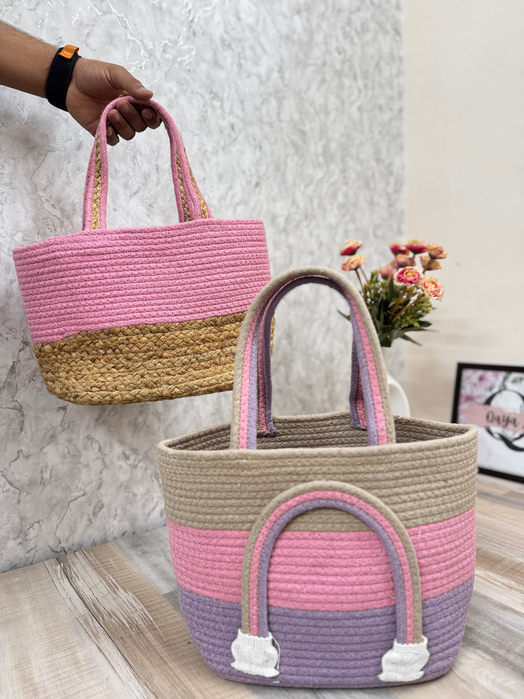 Set of 2 Hamper Basket - pink & rainbow