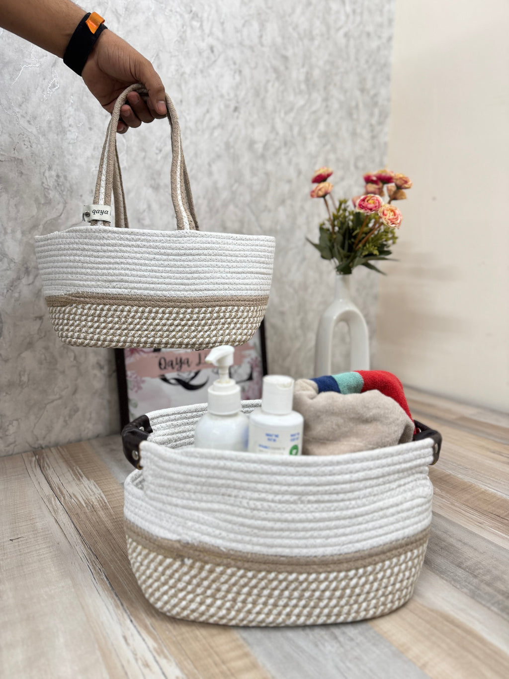 Set of 2 Hamper Baskets - Beige & White