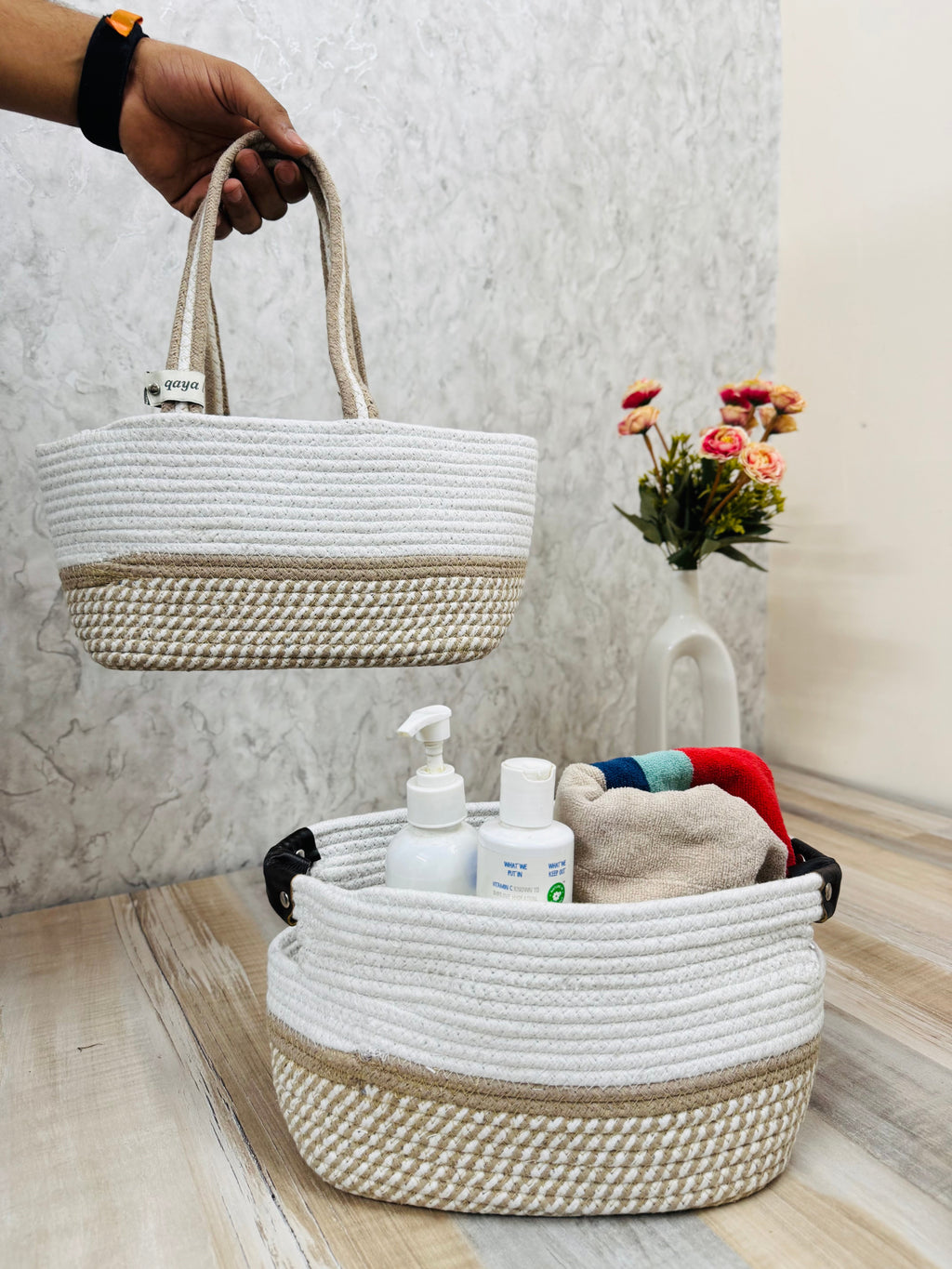 Set of 2 Hamper Baskets - Beige & White