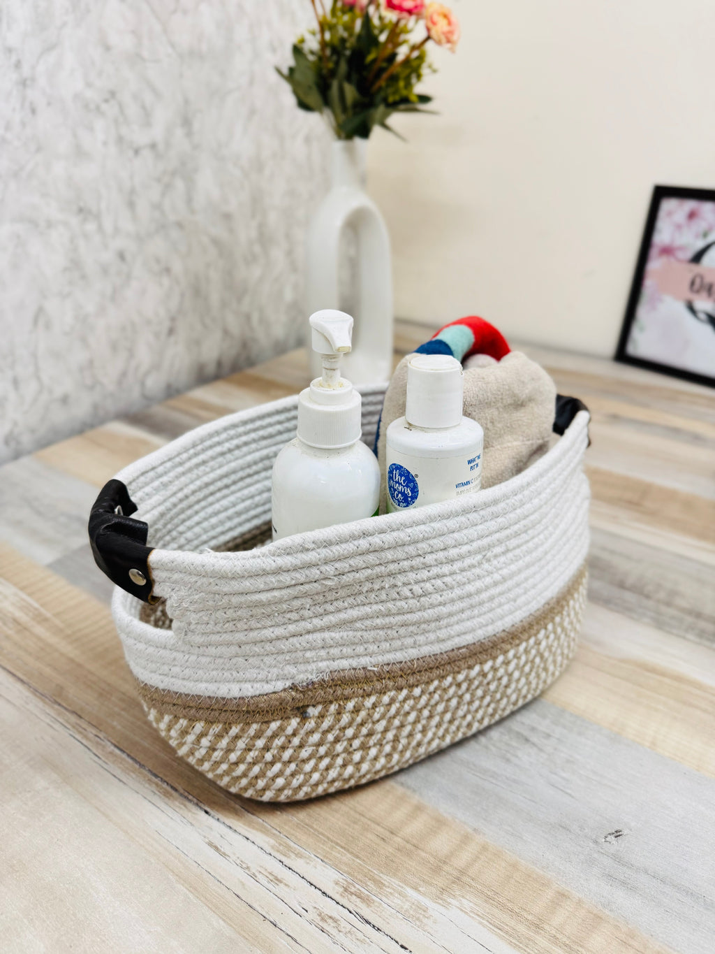 Set of 2 Hamper Baskets - Beige & White