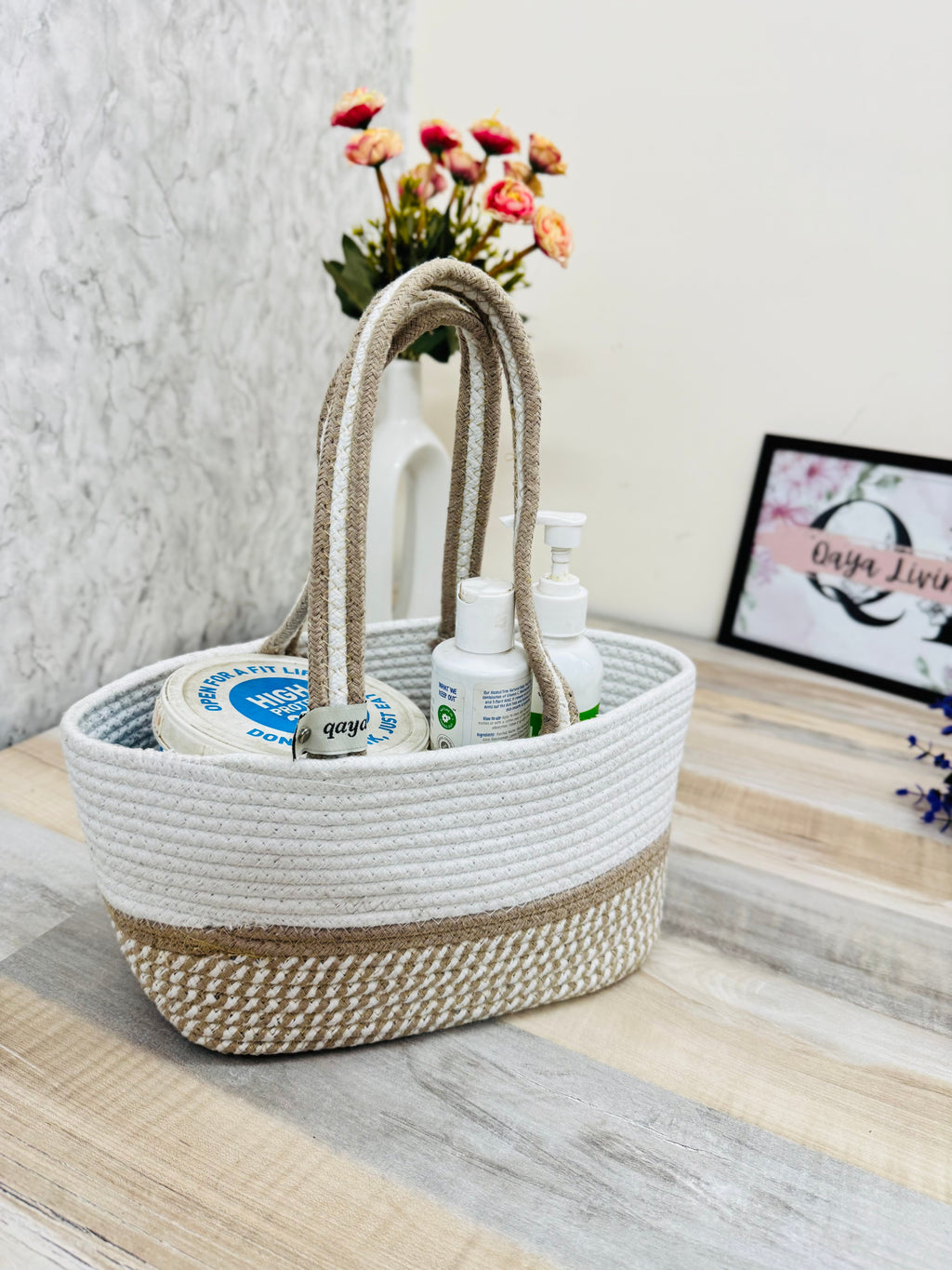 Set of 2 Hamper Baskets - Beige & White