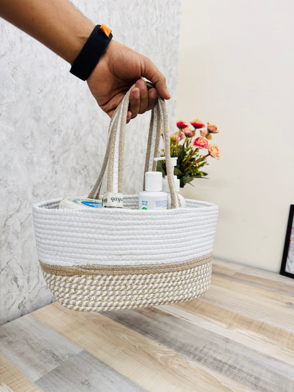 Hamper Basket - White & Beige