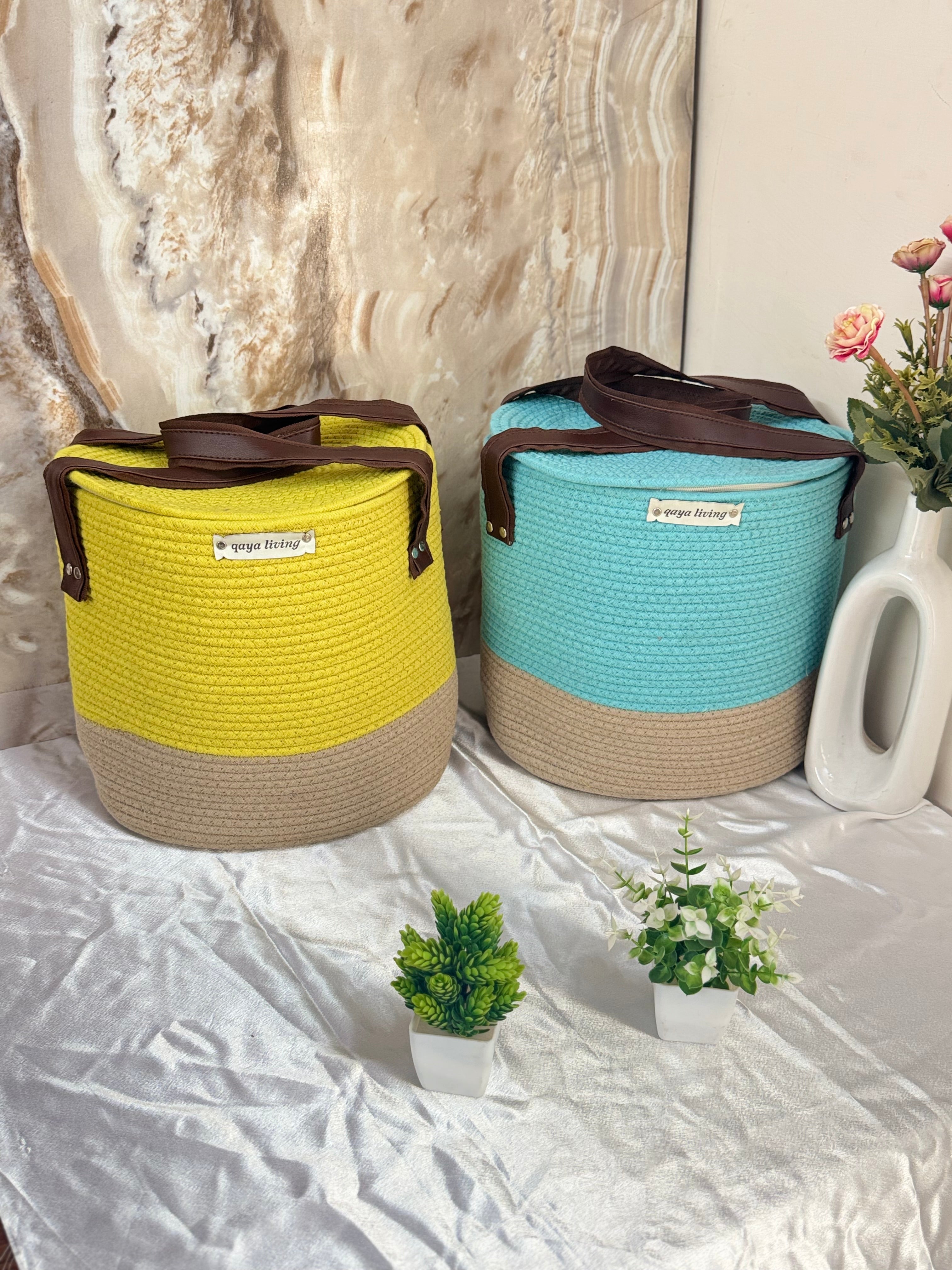 Set of 2 Zipper Baskets - Blue & Lemon yellow