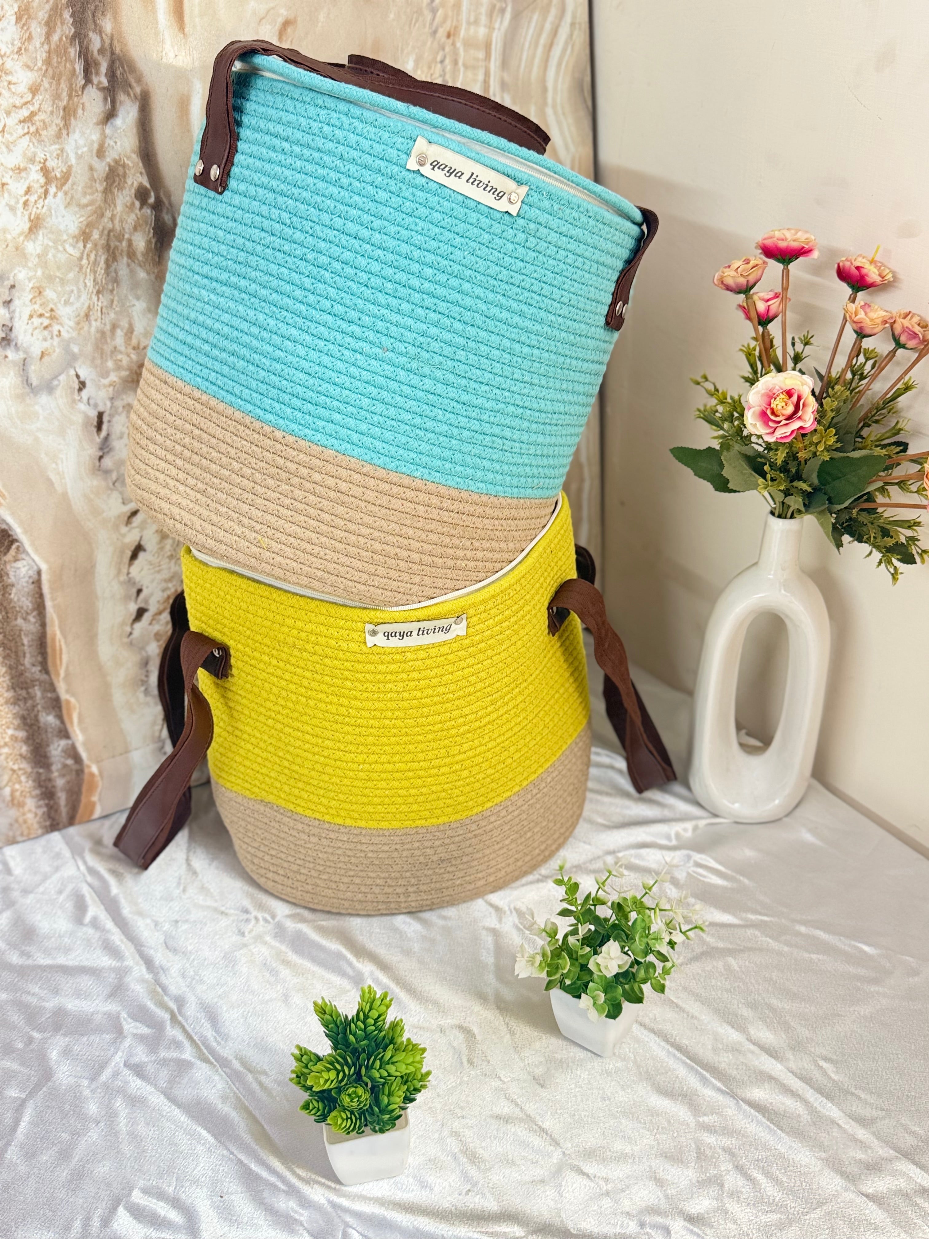 Set of 2 Zipper Baskets - Blue & Lemon yellow