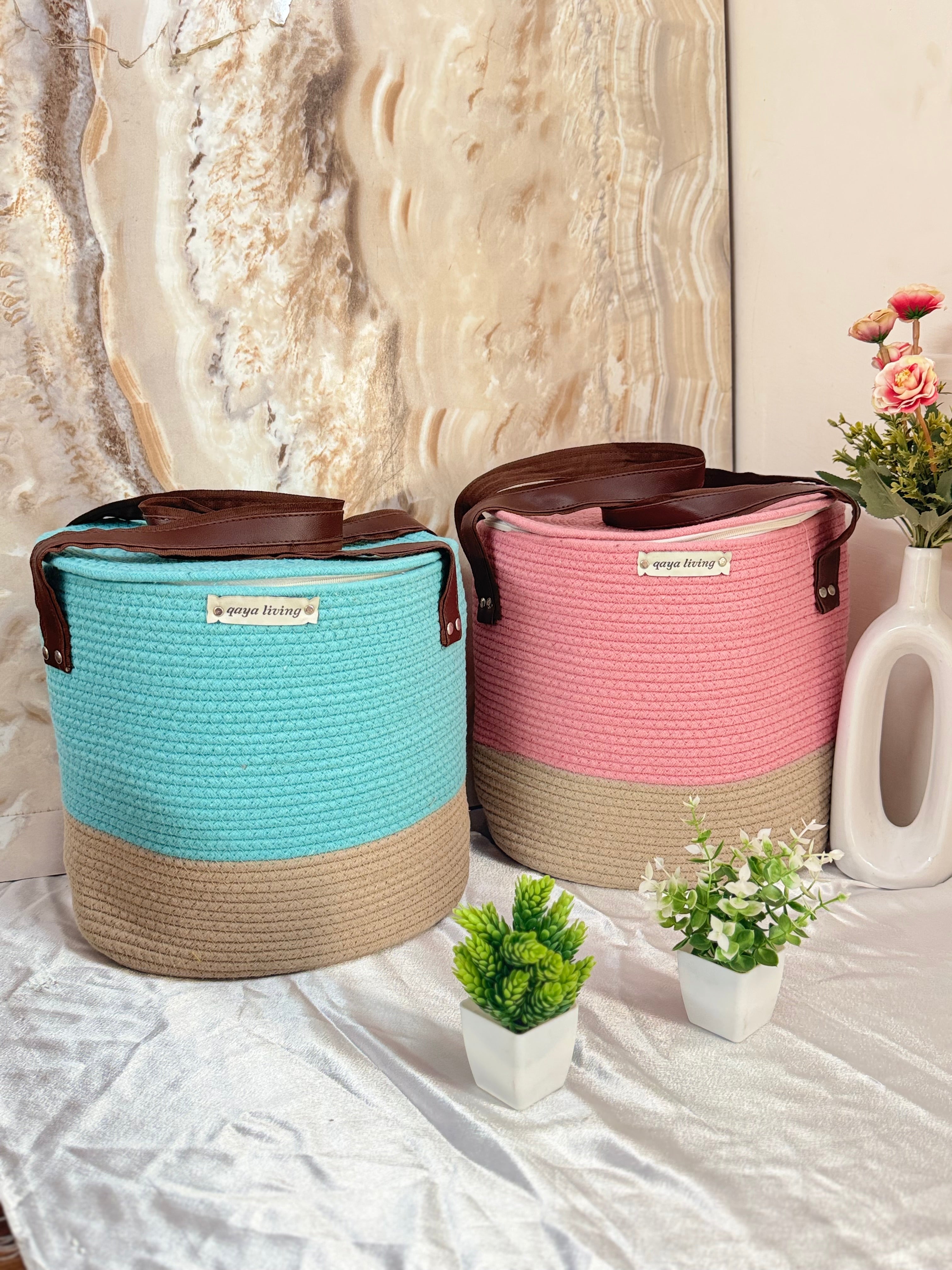 Set of 2 Zipper Baskets - Pink & Blue