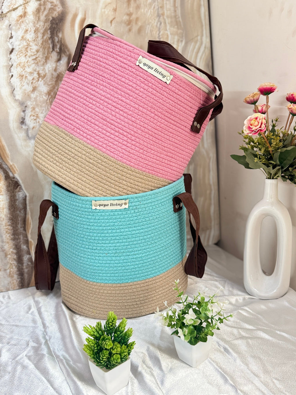 Set of 2 Zipper Baskets - Pink & Blue